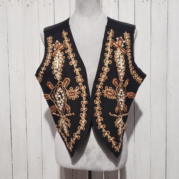 80s 90s VTG Women's Vest L Joujou Black Beaded Boho Earthy Gothic Folk Indie Mod - Picture 6 of 6